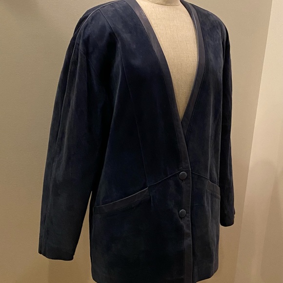 Friitala Womens Blue Suede Cardigan w Blue Leather Trim / Size 10 - Picture 3 of 16